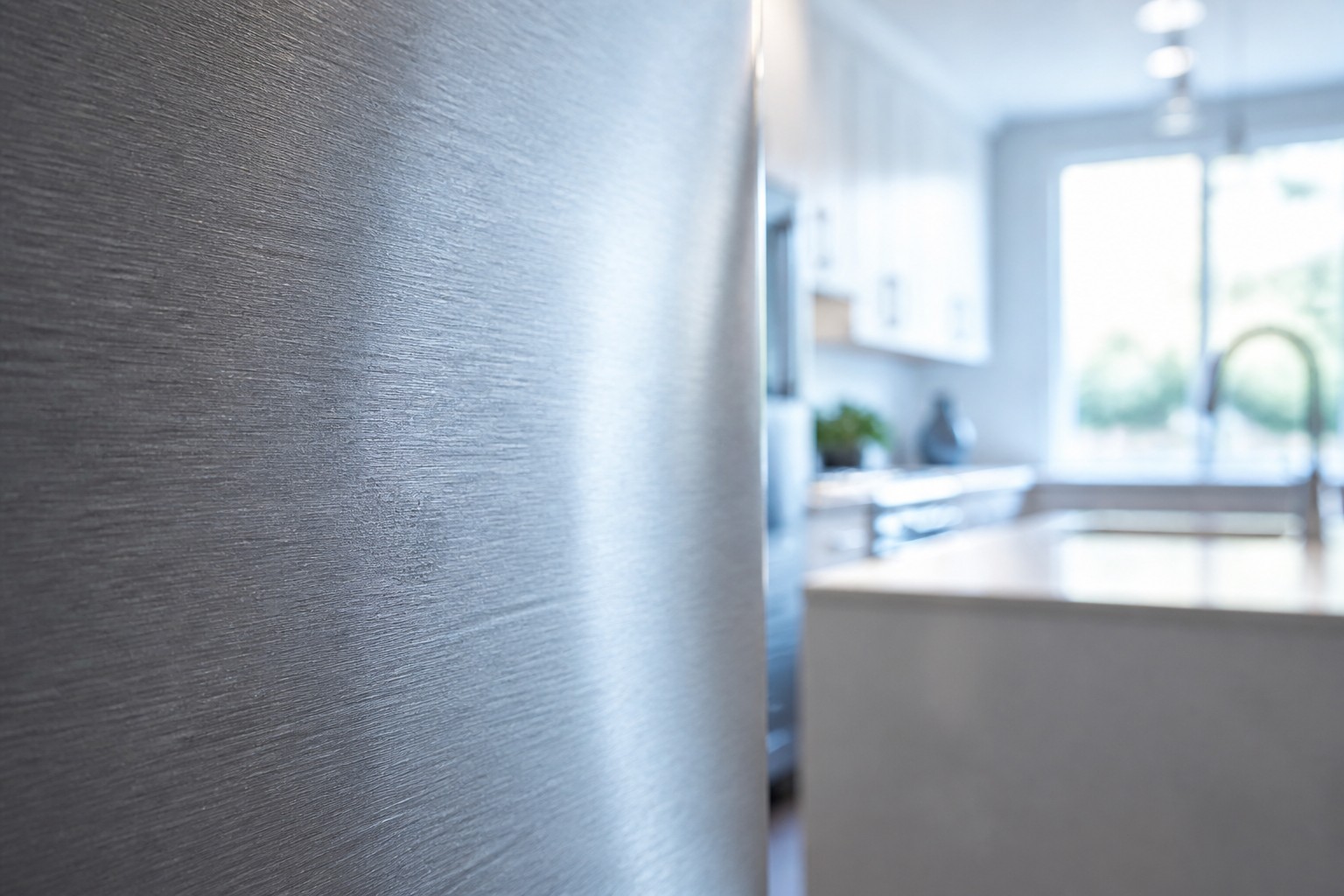 Close-up of brushed stainless steel on a Sub-Zero built-in refrigerator in a Milpitas kitchen