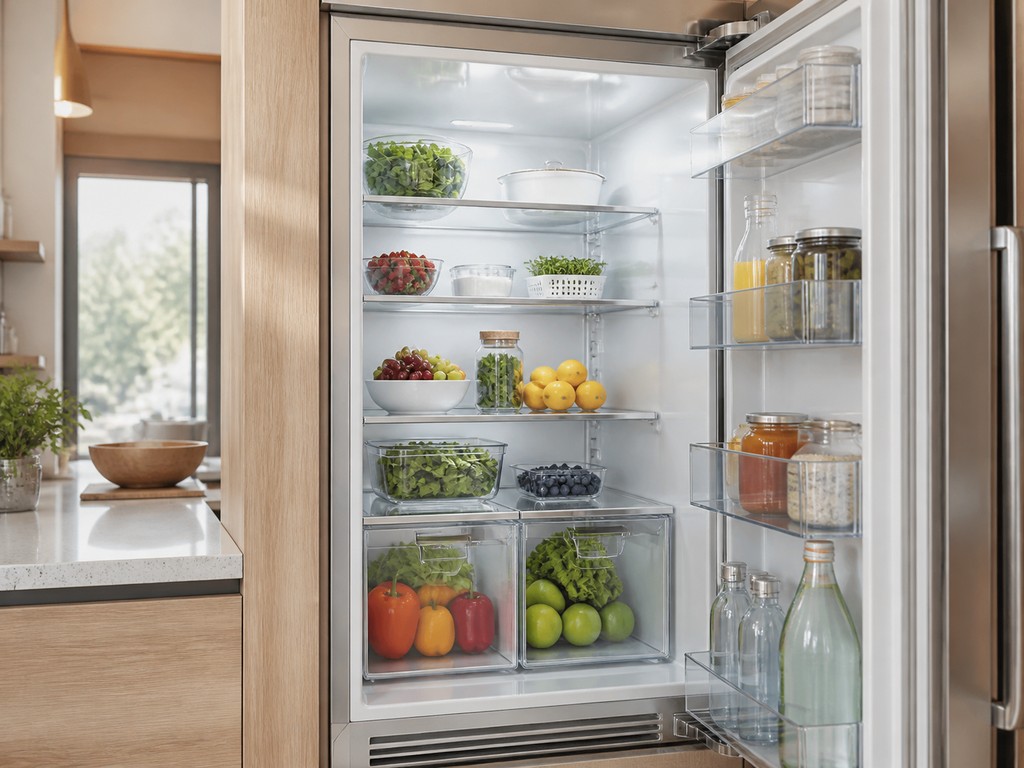 Open built-in Sub-Zero refrigerator full of fresh food in a bright newer Milpitas kitchen