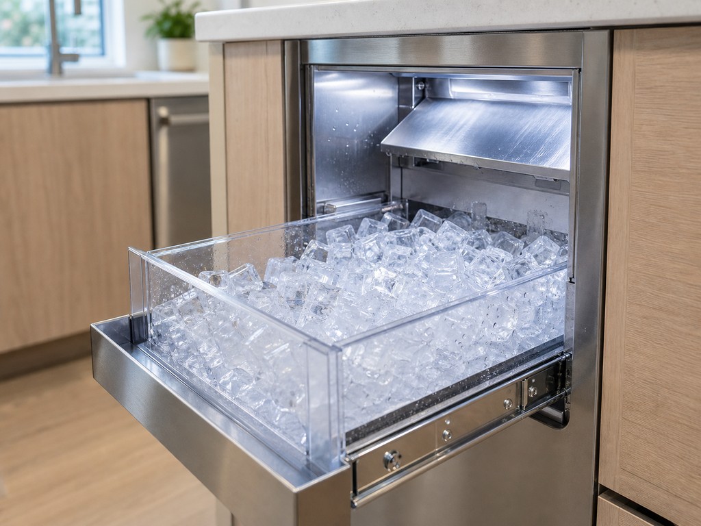 Built-in Sub-Zero clear-ice maker with the bin pulled out, full of clear ice, in a newer Milpitas kitchen