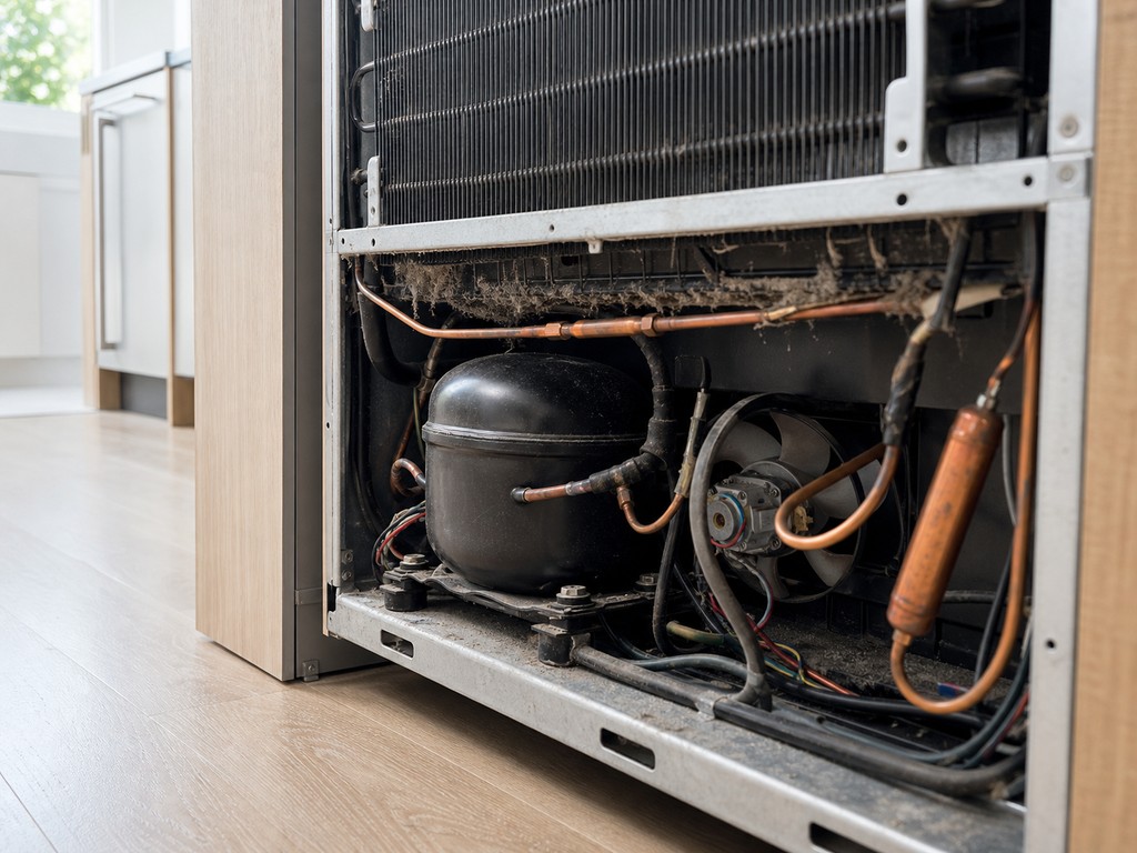 Close-up of a Sub-Zero sealed-system compressor and refrigerant lines during diagnosis in a Milpitas home