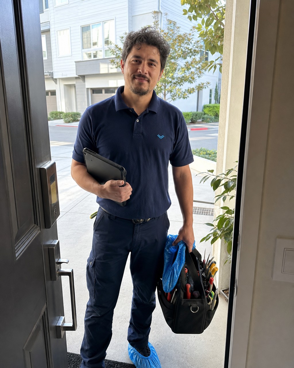 Technician with tool bag and shoe covers at the door of a newer Milpitas townhome, ready for an integrated Sub-Zero service call