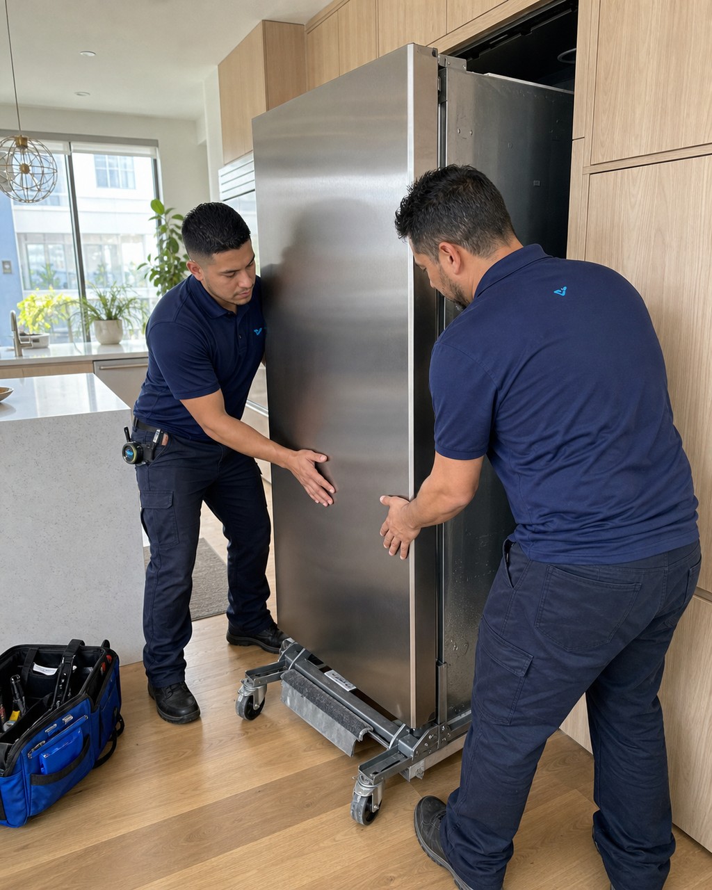 Two Sub-Zero Milpitas technicians sliding a built-in refrigerator out of its cabinet cutout in a newer kitchen