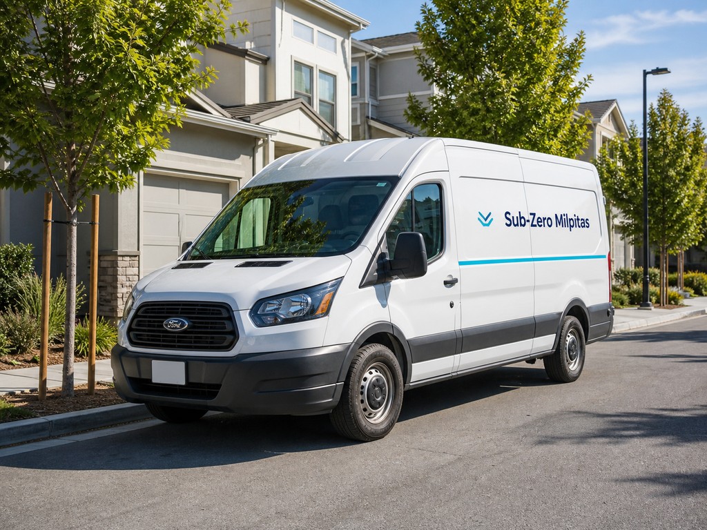 Clean white Sub-Zero Milpitas service van parked on a tree-lined residential street in a newer Milpitas neighborhood