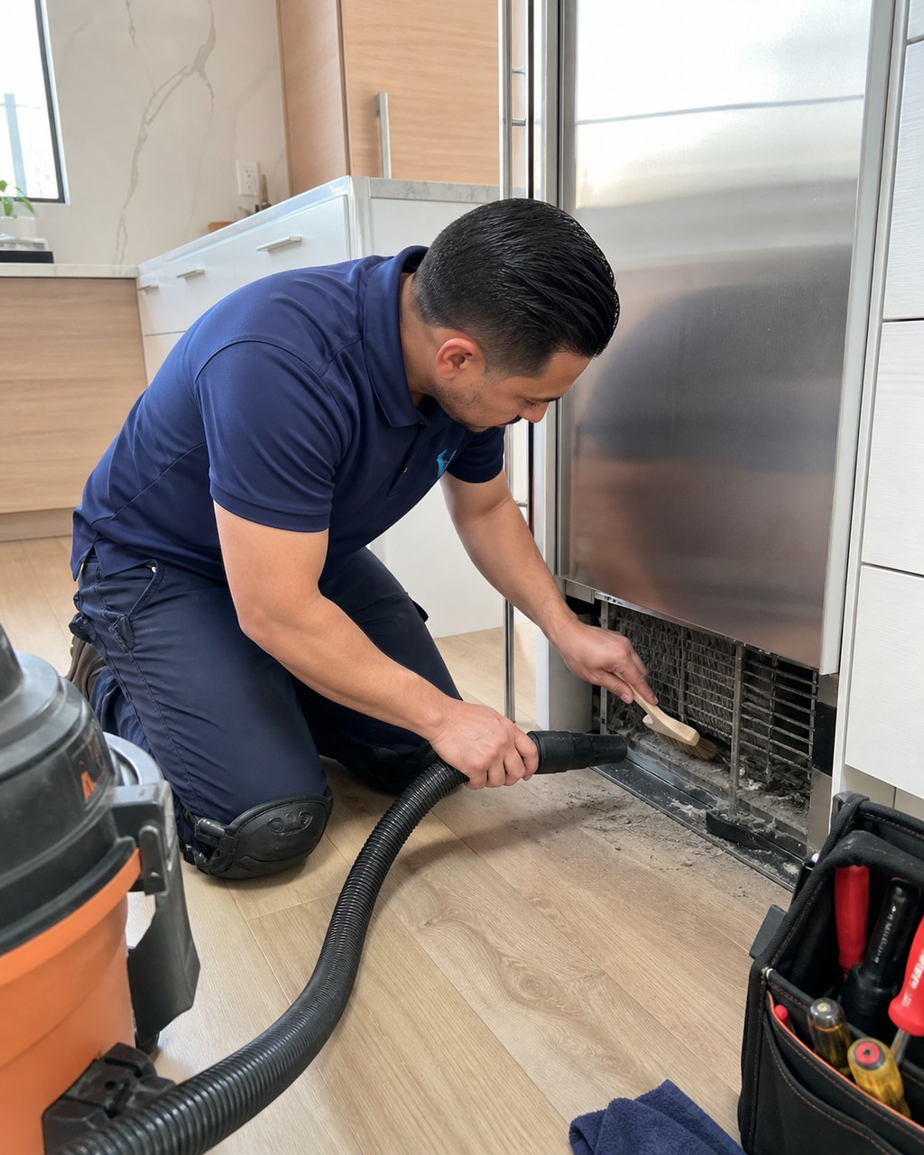 Brushing built-up dust from the condenser of a built-in Sub-Zero refrigerator during routine maintenance in Milpitas