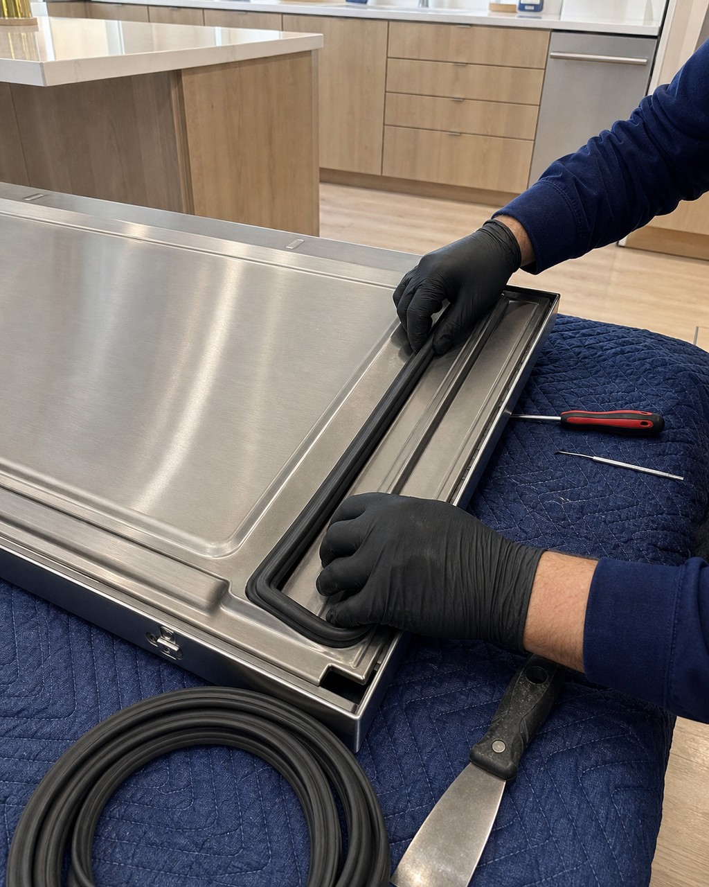 Technician fitting a new magnetic door gasket to a built-in Sub-Zero refrigerator in a Milpitas townhome kitchen