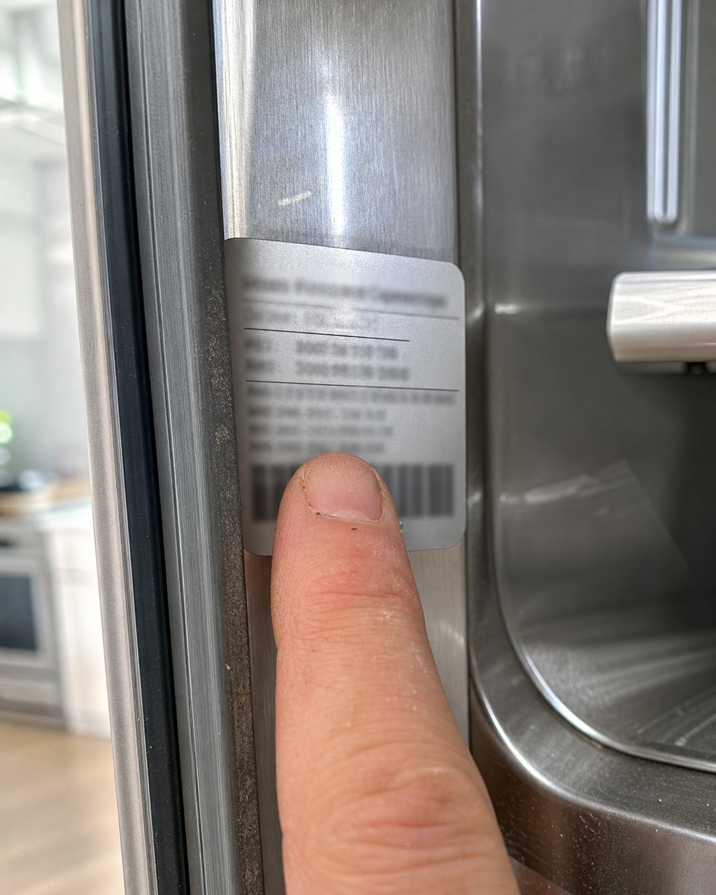 Technician pointing to the silver model and serial number sticker inside a built-in Sub-Zero refrigerator cavity