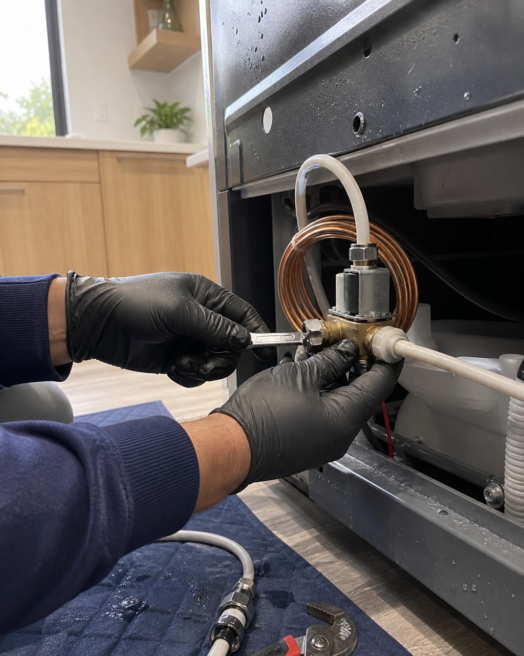 Sub-Zero Milpitas technician inspecting the water inlet valve and fill tube behind a built-in refrigerator